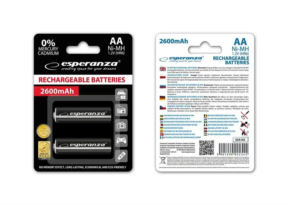 -Suurikapasiteettiset ladattavat akut Esperanza 2600mAh, 2kpl Päivän Tarjous