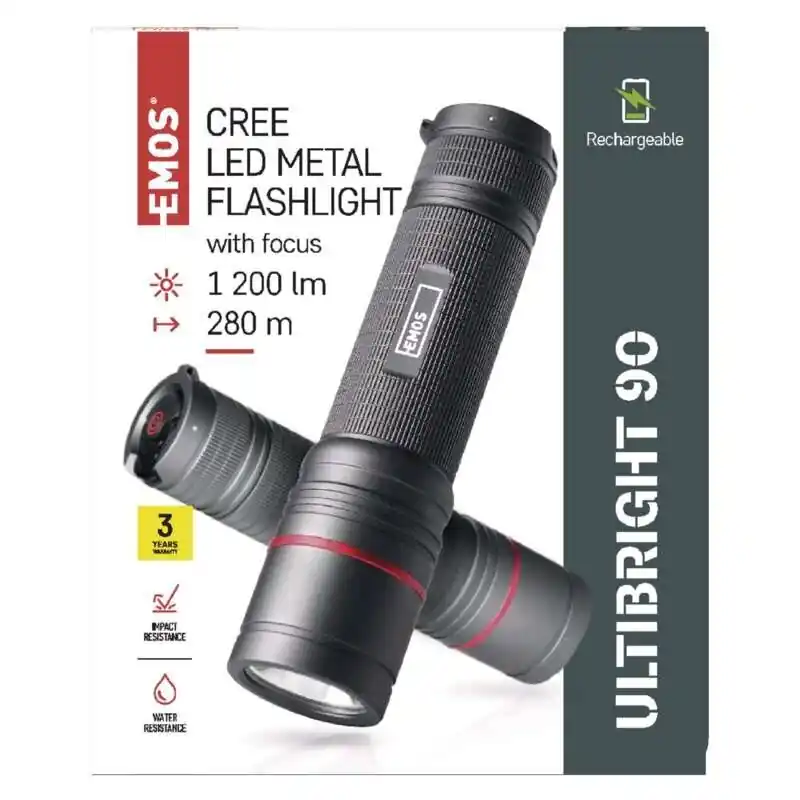 Halpa Ladattava taskulamppu CREE LED, metalli, IP65, 1200lm, tarkennus