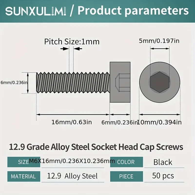 M6 soketti kantapään ruuvit 12.9 luokan teräs., M6 x 10 mm (50 vnt.) Asiakkaiden Suosikki