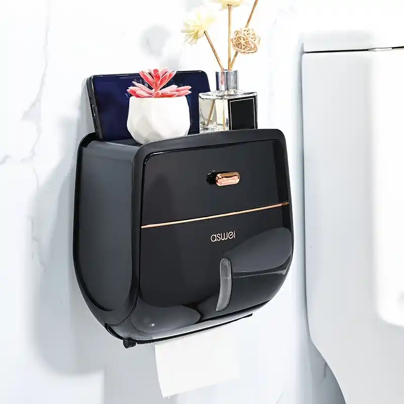 Osta Tänään FASSALE Tilava WC-paperiteline - Seinään kiinnitettävä Kaksoiskerros Vesitiivis Tissue-laatikko, Juodas Auksinis