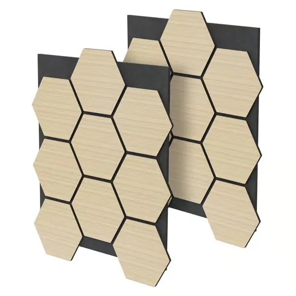 Edullinen ML-Design 2 akustiikkapaneelin sarja 66x81x2cm 1m² lle - tammi, MDF-akustiikkapaneelit kuusikulmaisessa puulookissa, seinäpaneelit äänieristykseen,