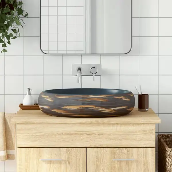 vidaXL Pöytäpesuallas, Ruskea ja Sininen, Soikea, 59x40x15 cm Nopea Toimitus