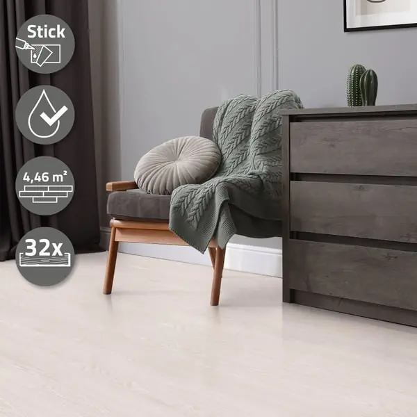 4,6 m² PVC-liimavinyylilattia Vinyylilattia Laminaattilattia Valkoinen tammi Tilaa Heti