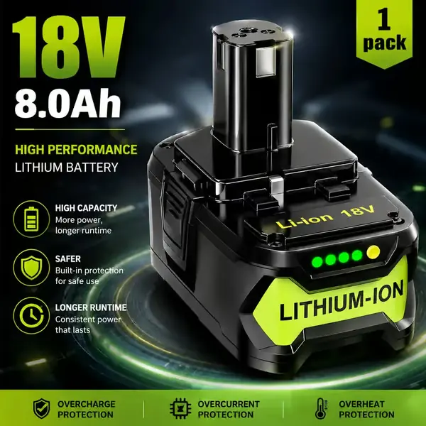 Pikatoimitus Akku Ryobi 18V ONE+ - P108 vara-akku - Li-ion 8,0Ah - Suuri kapasiteetti - Sopii P102 P103 P104 P105 P109 - 1 kpl