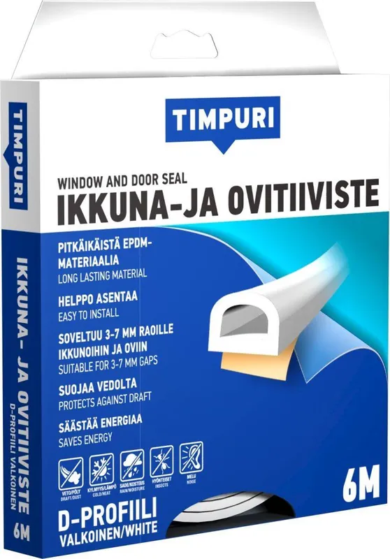 Älä Missaa TIMPURI Ikkuna- ja ovitiiviste D-profiili 6m valkoinen